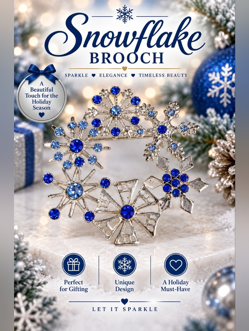 619 Blue Crystal Snowflake Brooch - Holiday Sparkle Pin